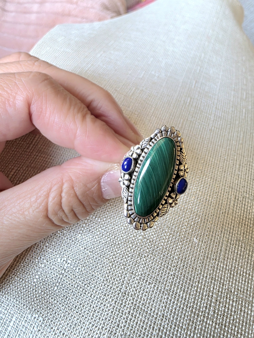 925 Sterling Silver Green Malachite & Blue Stone Statement Ring Size 8 - Picture 4 of 13